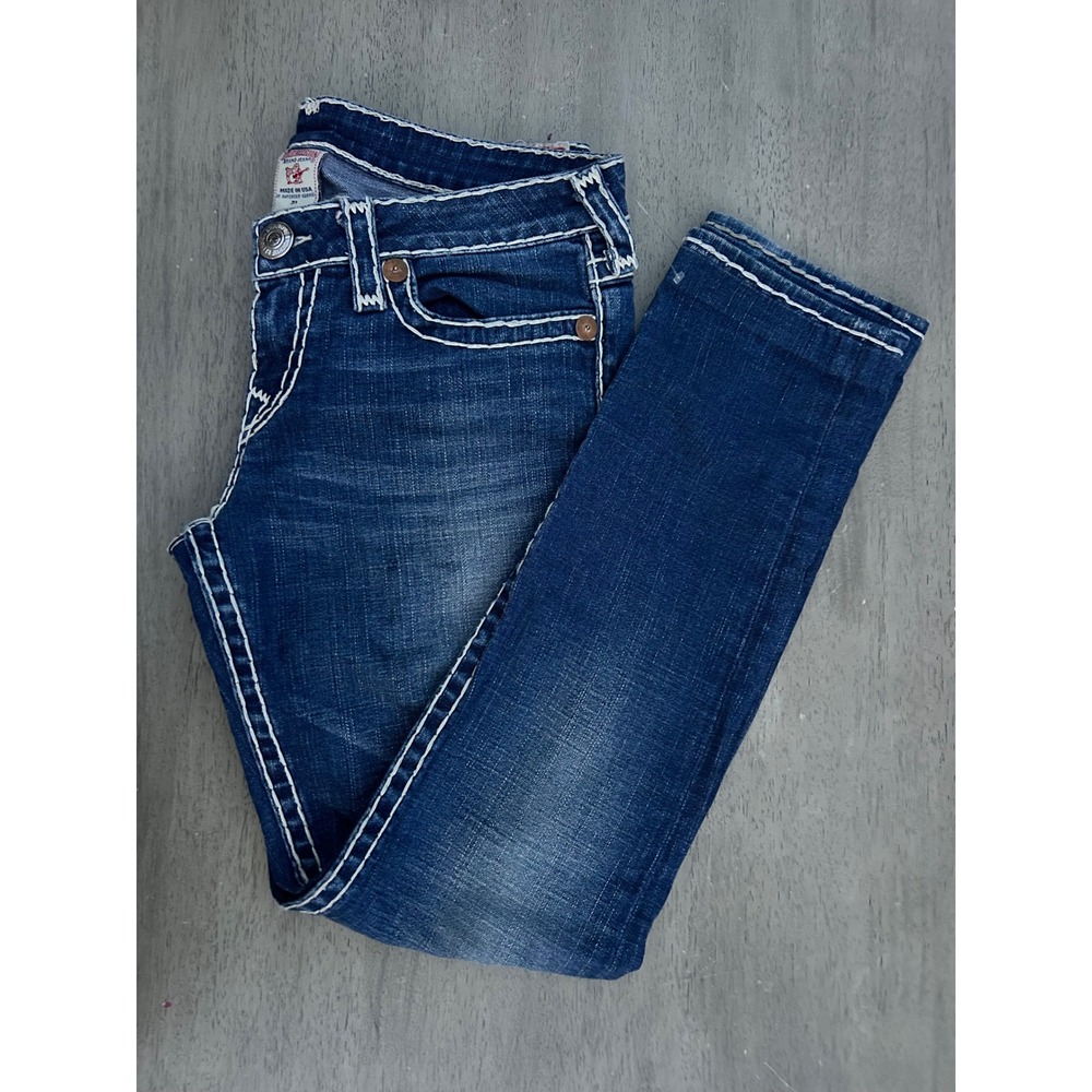 True Religion Super T Straight Leg Jeans Dark Wash White Stitch Made in USA 31